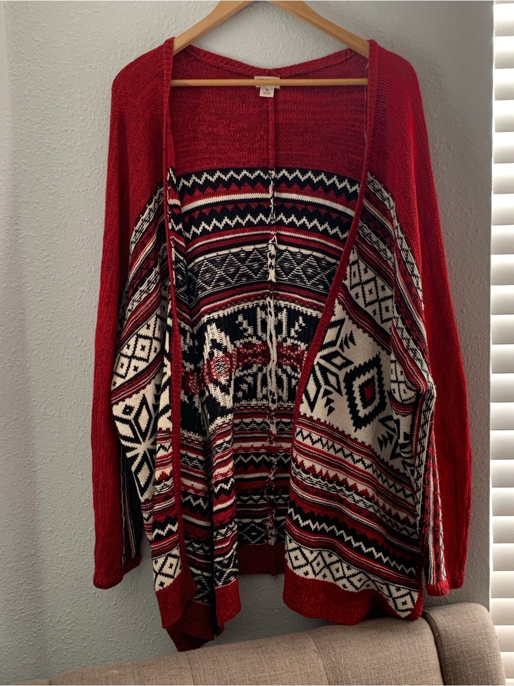 Mossimo XL Red Nordic Snowflake Waterfall Cardigan Sweater Open Front Cozy - Picture 3 of 7